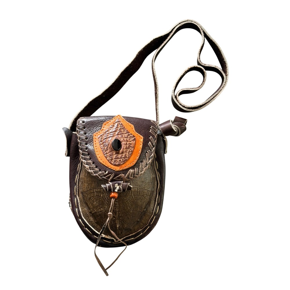 Handmade Turtle Shell Leather Crossbody Bag Brown Medicine Pouch